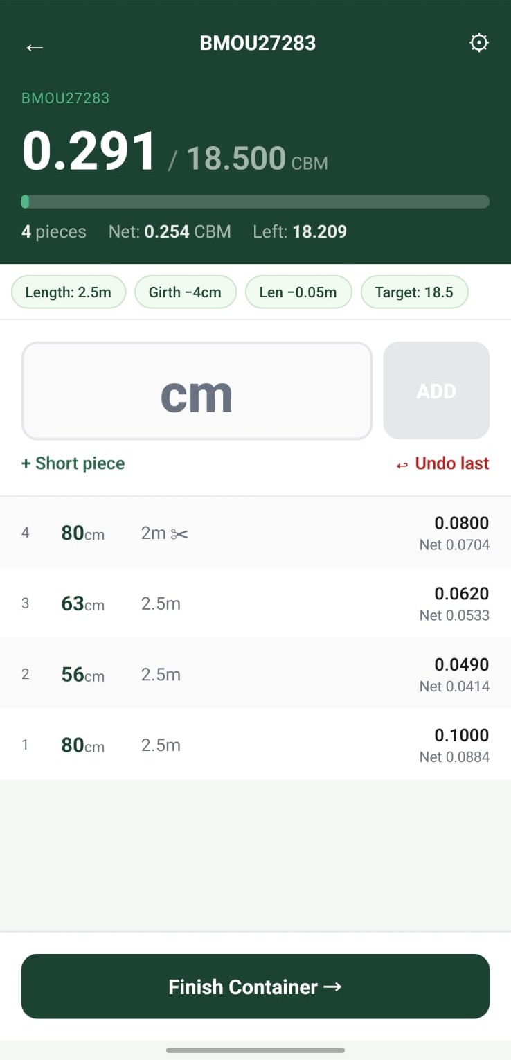 ForwoodAI packing list calculator showing live Hoppus CBM calculation