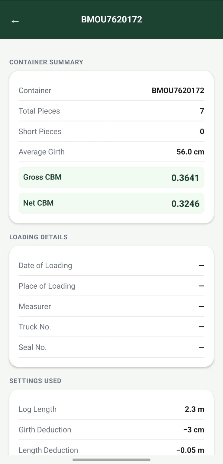 ForwoodAI container summary showing gross and net CBM, loading details
